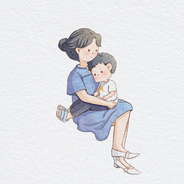 水彩人物母亲抱着小孩