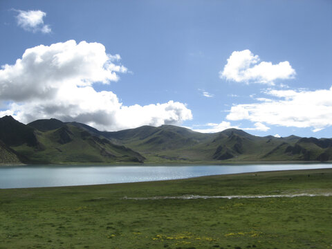 美丽的蓝色湖泊和绿色草原