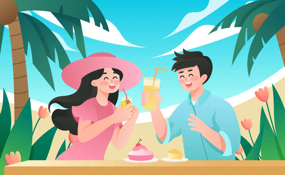 海边沙滩情侣喝饮料赏美景插画