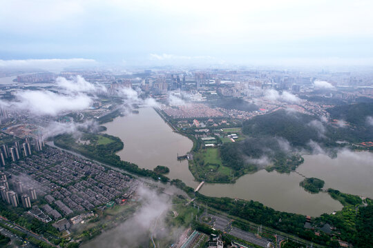 高空航拍顺德大良城市风光