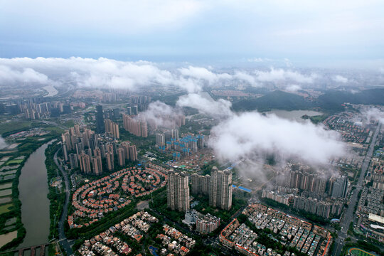 高空航拍顺德大良城市风光