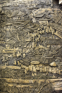 江南小镇拱桥浮雕版画背景墙
