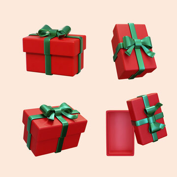 圣诞红色礼物盒绿色缎带包装多视图素材组合