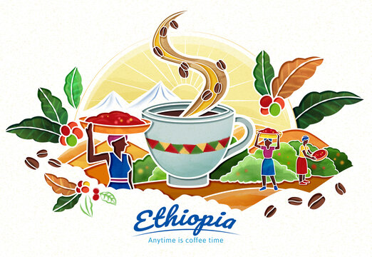 国际咖啡日插画 飘香咖啡与采收咖啡豆农工