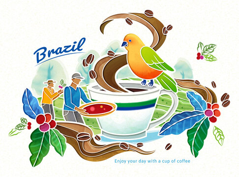 国际咖啡日插画 飘香咖啡鹦鹉与采收农工