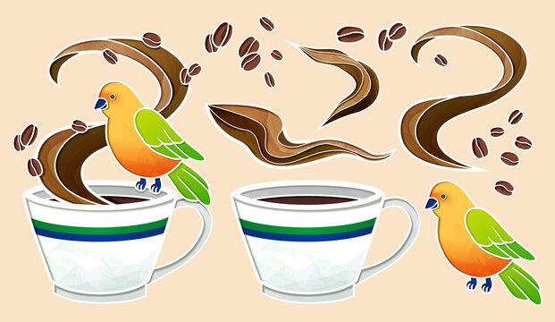 咖啡素材集合 咖啡豆香醇咖啡与鹦鹉