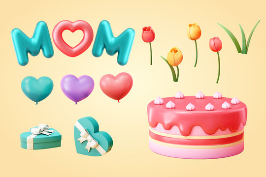 母亲节素材组合 可爱蛋糕气球郁金香礼物盒