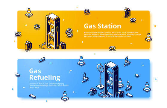 加油站线条风等距插图横幅集合