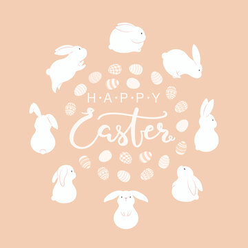 淡橙色复活节兔子围绕彩蛋节日插图