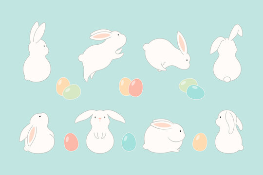 复活节兔子与彩蛋集合　淡蓝色背景