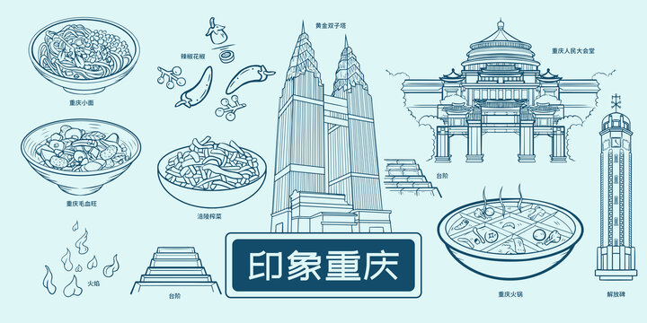 重庆地标风景美食旅游插画