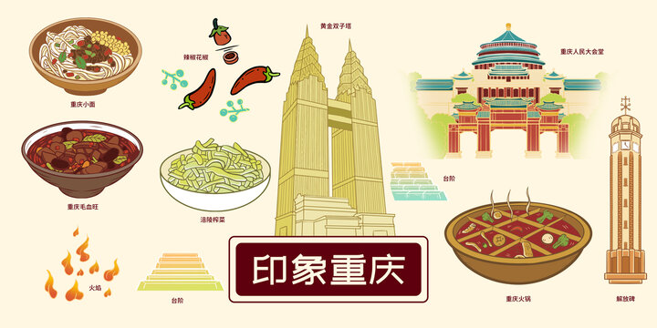 重庆地标风景美食旅游插画