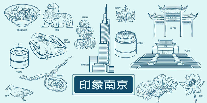 南京地标风景美食旅游插画