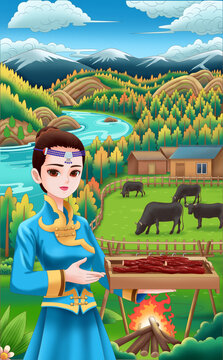 新疆风景牛肉干插画