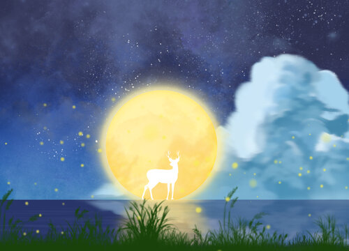 儿童绘本插画夜空海洋素材