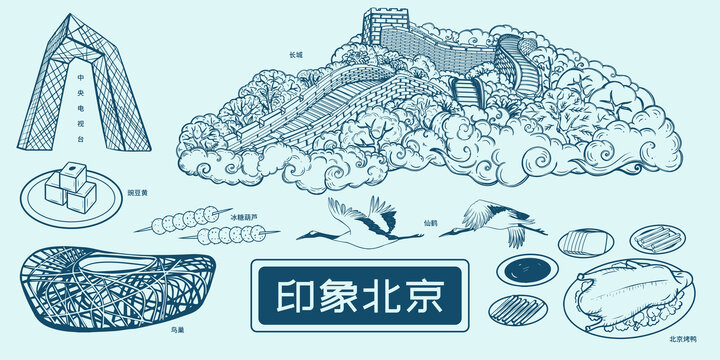 北京地标风景美食旅游插画