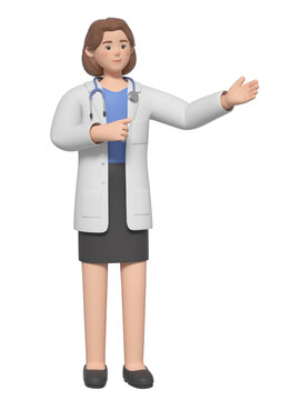 邀请姿势的3D卡通女医生
