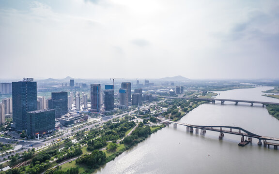 上虞曹娥江两岸城市风光航拍