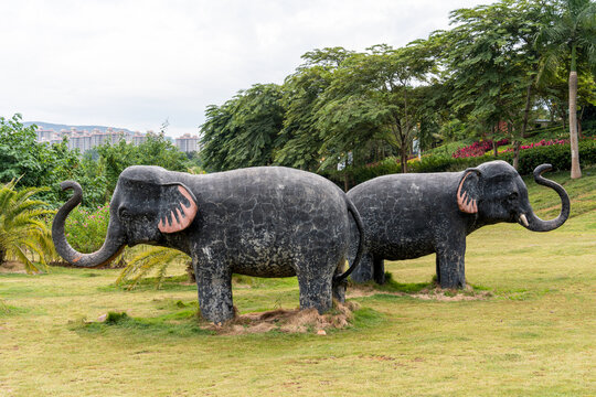公园里草地上的大象雕像