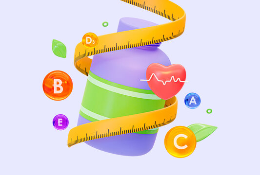 3D可爱风健康维生素保健品概念插画