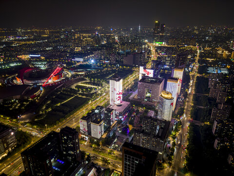 南京奥体南京政务中心夜景航拍