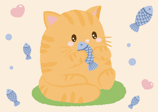可爱小猫抱着小鱼坐在草地上