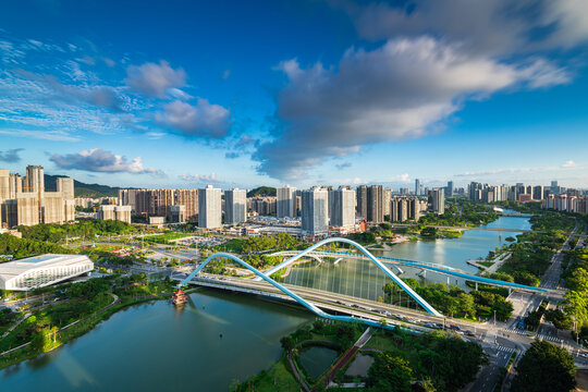 南沙蕉门公园地标建筑日落风景