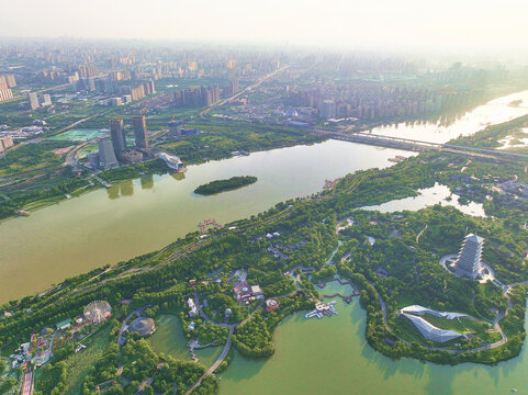 航拍西安浐灞灞河湿地