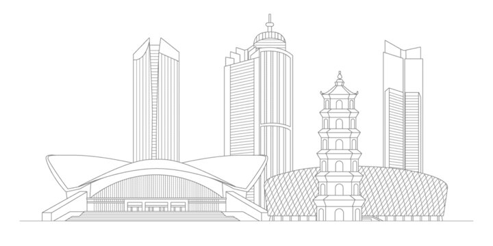 惠州地标建筑描边插画