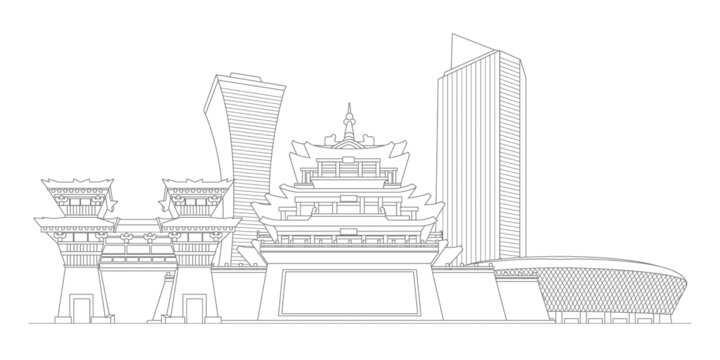 咸阳地标建筑描边插画