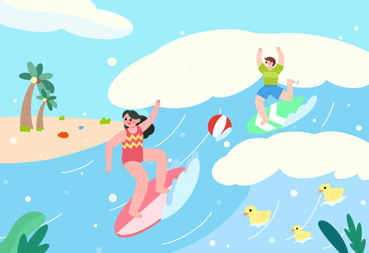大暑节气海边旅行夏季海滩插画