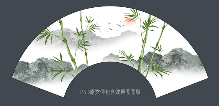 扇形墨竹山水装饰画