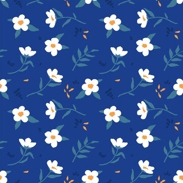 蓝色花卉植物无缝图案矢量背景