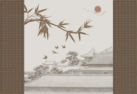 花格中式建筑竹子背景