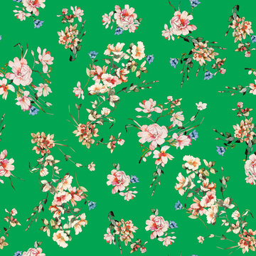 绿色底米粉色花
