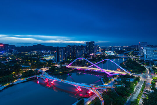 广州南沙蕉门河双桥夜景全貌