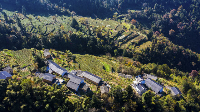 航拍徽州山村梯田