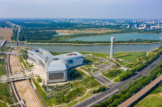 航拍河南省科技馆新馆展馆建筑