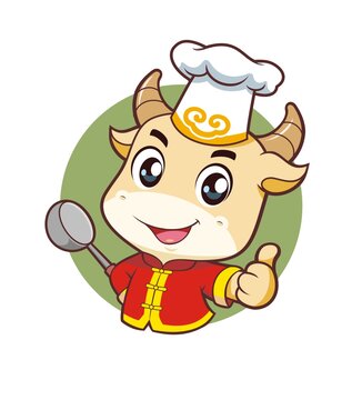 卡通可爱小牛厨师竖大拇指半身
