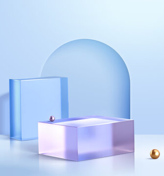 三维玻璃拟态展台与金属球体装饰产品展示台