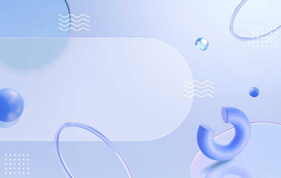 蓝色玻璃拟态空白版面与几何装饰背景