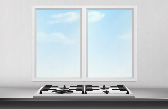 蓝天白云窗台前厨房灶台设备