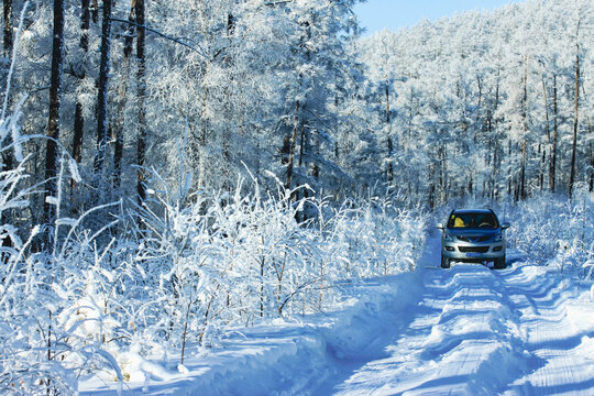 冬季森林越野车雪景雾凇
