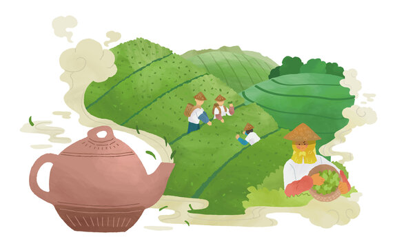 手绘茶壶冒出烟雾环绕茶园里采茶的茶农插画