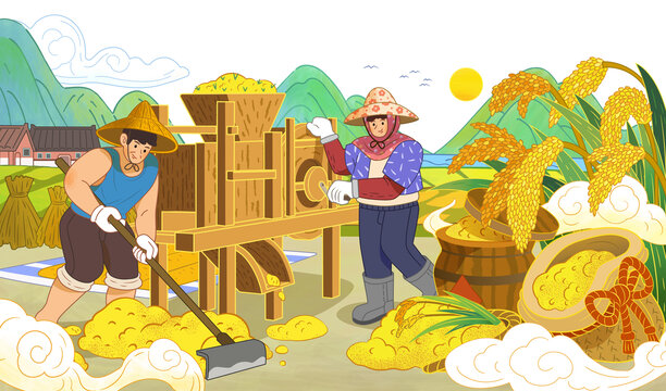 农民操作传统手摇式风鼓机过滤稻谷插画