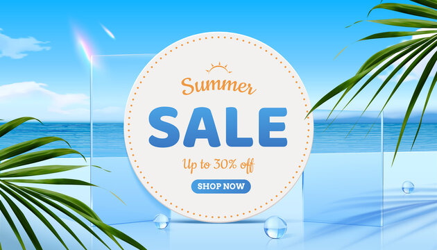 夏季特卖会广告横幅 玻璃片与蔚蓝海洋背景