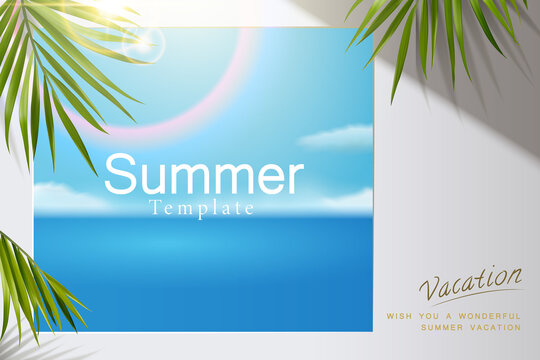 夏日蓝天大海海报模板 光圈与热带树叶装饰