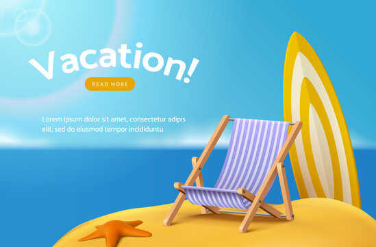 夏日惬意海边度假横幅 沙滩上躺椅与冲浪板