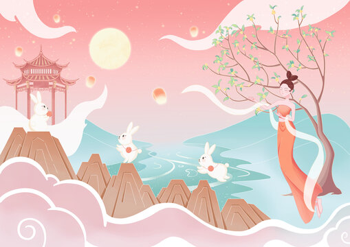 中秋嫦娥兔子节日包装插画