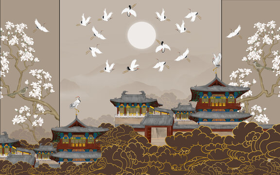 中式古建筑花鸟背景